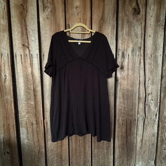 Blue Rain Black Boho Mini Dress L | Lined, Button Detail - Picture 2 of 10